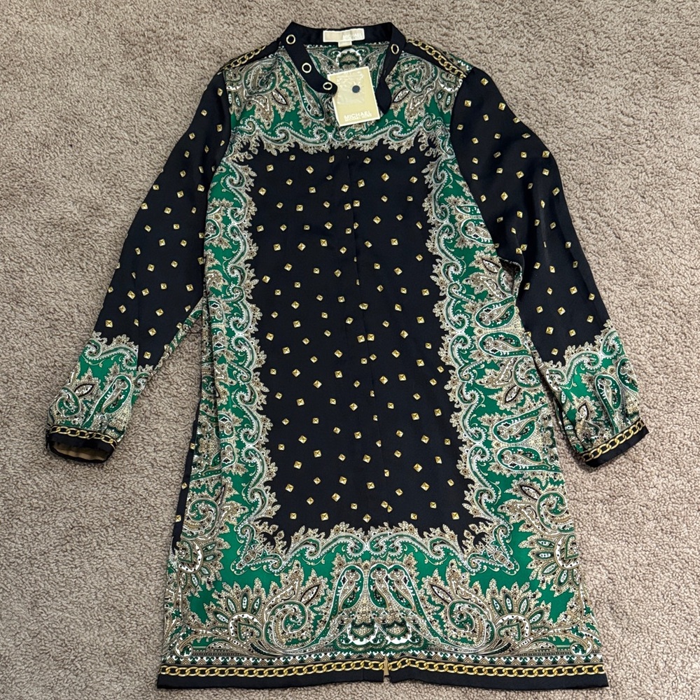 Michael Kors Black and Green Patterned Long Sleeve Dress